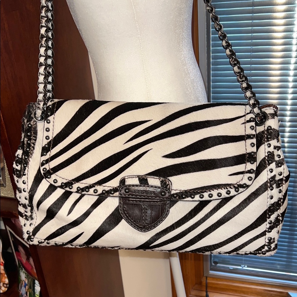 NEW PRADA Zebra print studded calf leather bag - Picture 2 of 12